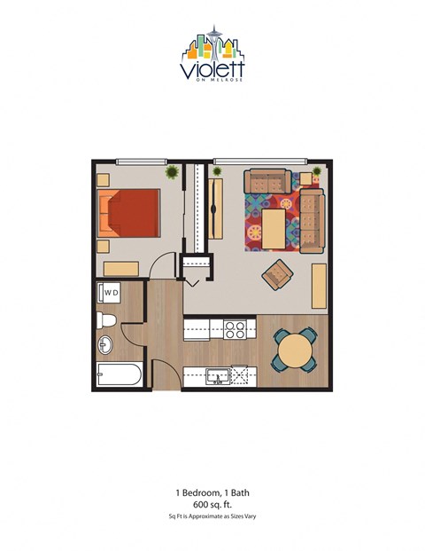 Floor plan for 1 bed, 1 bath, 567 sqft